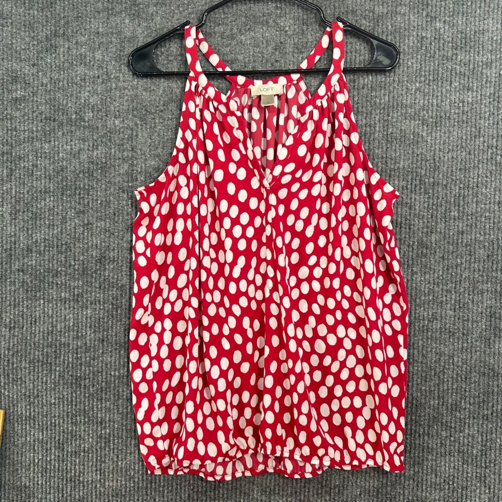 LOFT Blouse Women M Red White Polka Dot Excellent Halter Bubble Hem Sleeveless